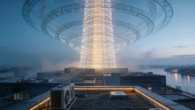 Growing faint vertical light sparking ring column rising over roof with mist at dusk, casting glow