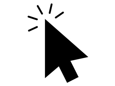 Solid black mouse cursor arrow with click sparkle flash effect icon design element