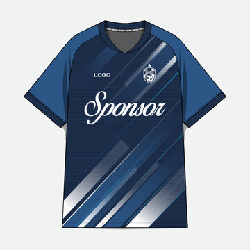 Navy blue soccer jersey mockup with sponsor print.