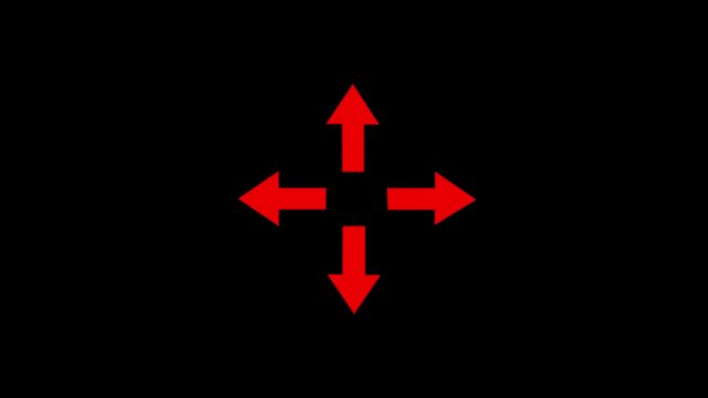 Solid red four way inward arrows icon for focus target, minimize screen, center alignment, convergence point, compress sign 4k animation.