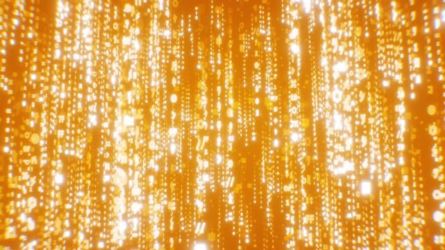 Glowing golden data symbols and glowing amber matrix code stream vertically in a bright futuristic 3D background