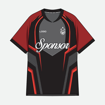 Red and black geometric sports jersey with sponsor text.
