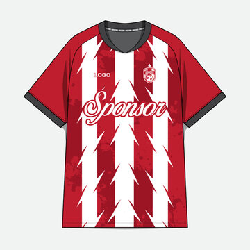 Red soccer jersey with white lightning stripes.