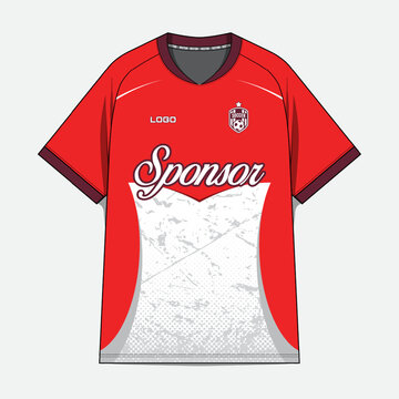 Red soccer jersey with sponsor text and crest.