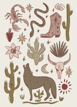 Boho doodle desert howling wolf clipart set featuring scorpion, snake, bull skull, cowboy boot, cacti, flower, crying eye, sun, moon and celestial stars in western blossom flora vector illustration