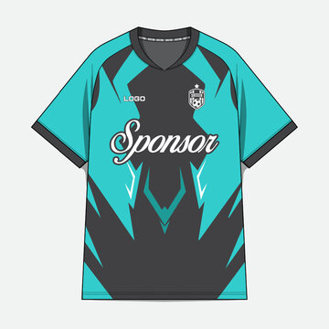 Teal and black soccer jersey with bold geometric pattern front view.
