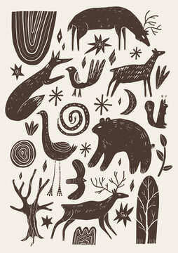 Weirdcore cottagecore mystical linocut forest animal clipart set featuring stag deer, bear, wolf, running hare rabbit, spirit creatures, owl, flying bird, snake, pine tree, crescent moon, and magic st