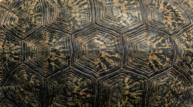 Detailed close up texture of a tortoise shell with hexagonal patterns