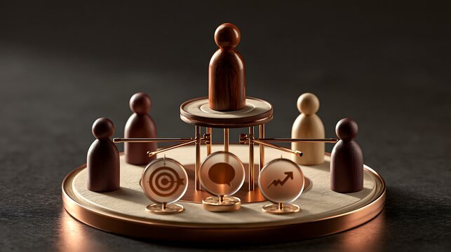 Minimalist wooden figures surrounding a central leadership platform with icons