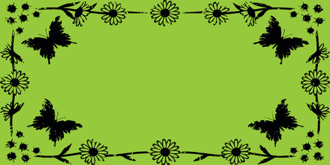 Obraz premium Decorative rectangular frame border with daisies and butterflies on a light green background