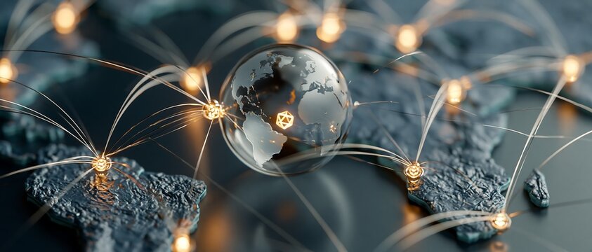 Glowing glass globe connected by light threads representing global network communication