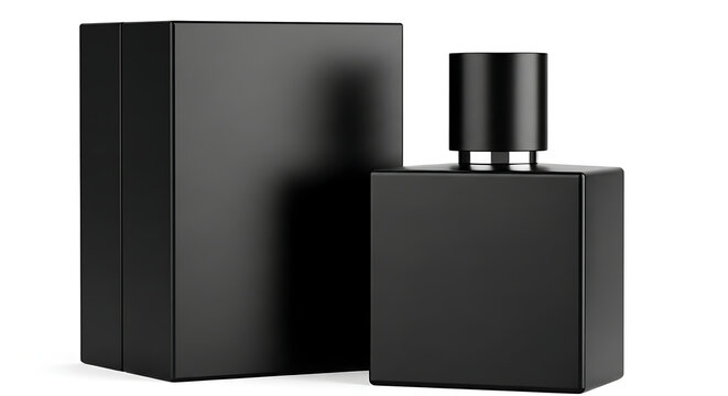 Matte black perfume bottle mockup with matching square box packaging for luxury fragrance presentation isolated on a transparent background