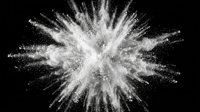 A dynamic explosion of white powder creating a striking burst of light and shadow on a dark background