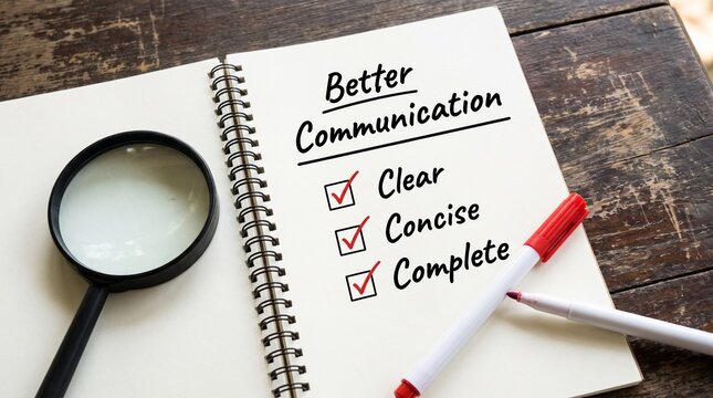 Effective Communication Concept with Checklist in Notebook, Magnifying Glass, and Marker on Wooden Table