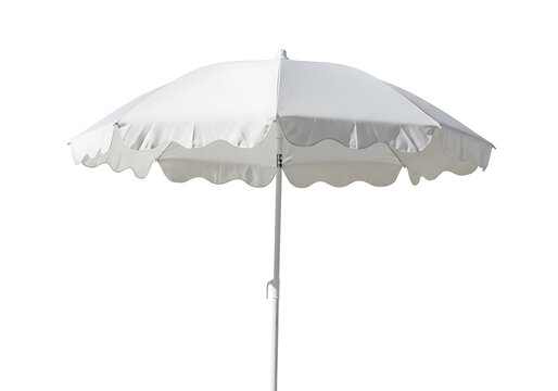 White beach umbrella with scalloped edge open against clear isolated background, white parasol sun shade isolated on a transparent background