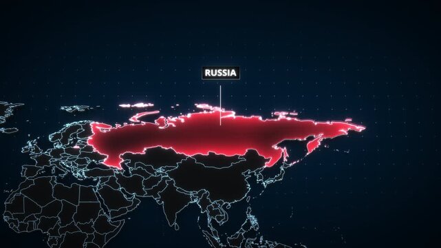 Animated zoom into a stylized digital map of Russia, Eurasia, revealing a red alert territory highlight with glowing outlines and typography for a travel and news-style graphic template.

