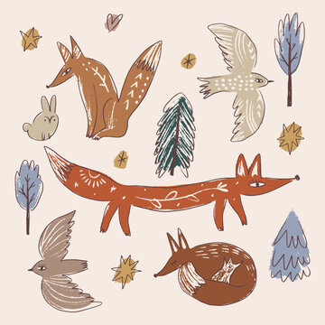 Cartoon mystical woodland animal set featuring foxes, flying birds, bunny rabbit, pine trees, heart, and celestial stars in naive folk weirdcore cottagecore winter vector illustration