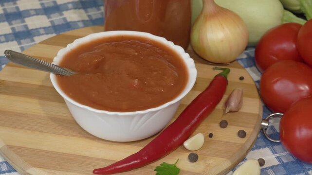 Homemade tomato sauce in a white bowl surrounded by fresh vegetables on the table, Homemade tomato sauce and vegetables; fresh tomatoes, onions, garlic, and hot chili peppers around a bowl of adjika