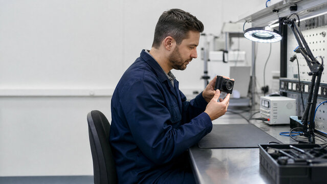 Technician Inspecting Generic Machine Vision Camera for Responsible Human Oversight of Automation