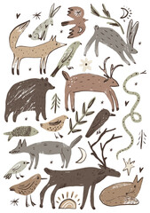 Fototapeta premium Cute mystical woodland animal clipart set featuring deer stag, bear, foxes, hares, birds, snake, fish, crescent moon, sunburst, and stars in naive folk weirdcore cottagecore vector illustration