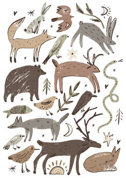 Cute mystical woodland animal clipart set featuring deer stag, bear, foxes, hares, birds, snake, fish, crescent moon, sunburst, and stars in naive folk weirdcore cottagecore vector illustration
