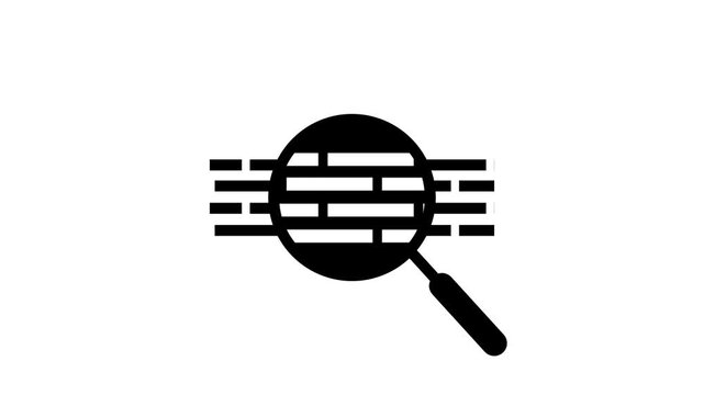 Black magnifying glass icon inspecting horizontal text lines and brick pattern symbolizing search analysis data inspection and content investigation
