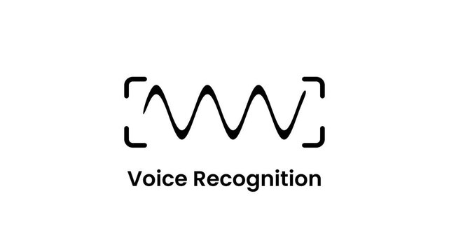Black sound wave icon inside square brackets with Voice Recognition text below representing speech detection audio input and voice assistant tech