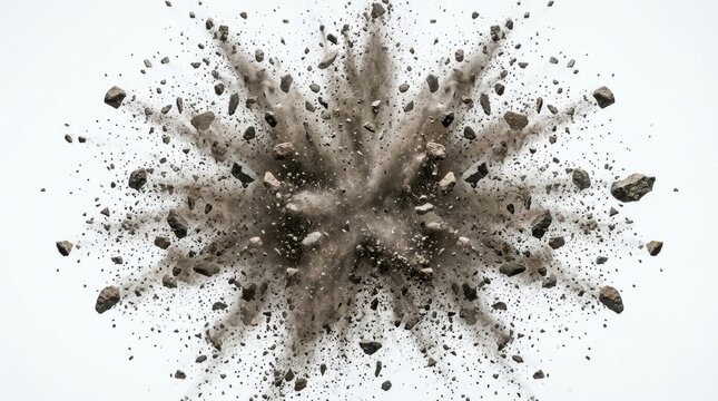 Abstract explosion of dark gray dust and small rock particles against a clean white background