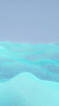 Blue digital wave surface and cyan wireframe grid undulate gently with floating luminous particles in a vertical 3D loop