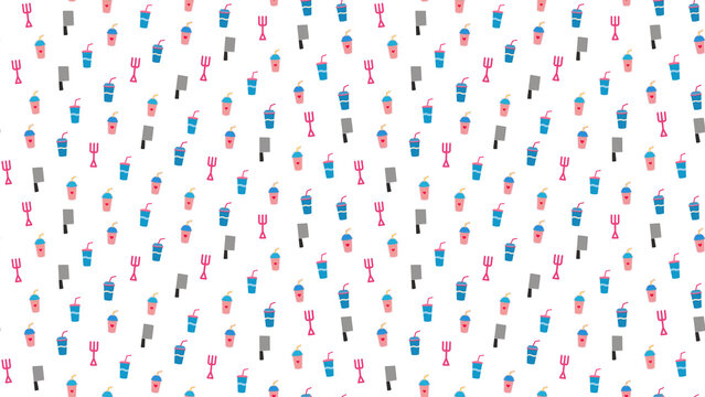 Seamless pattern of cartoon drinks, forks, and cleavers