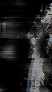 Abstract black and white glitch background with sharp geometric displacements and RGB split scanning on a seamless loop. Anchors a gritty cyberpunk album cover and techno music video transition.