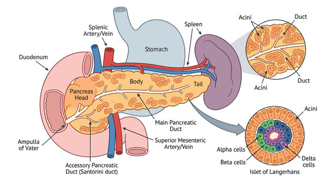 Human Pancreas Anatomy Diagram with Islets of Langerhans