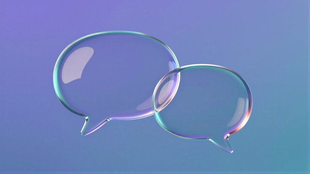Two translucent speech bubbles float against a gradient purple-blue background.
