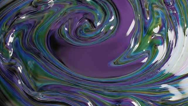 Vibrant abstract fluid art with glossy purple and teal paint swirling in a reflective spiral pattern