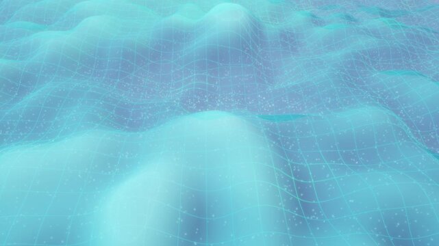 Abstract blue wireframe mesh terrain waves undulate with glowing particles across an illuminated digital grid landscape in a seamless loop 3D animation