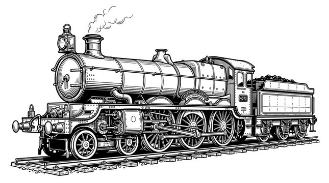 Vintage Steam Locomotive on Tracks, Ink Drawing Style