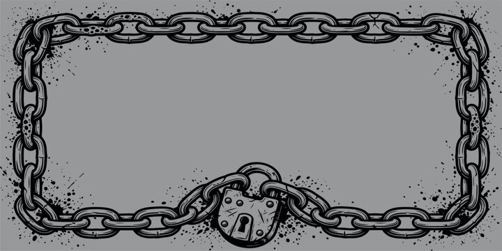 Rectangular frame border made of heavy metal chains with a padlock on a gray background