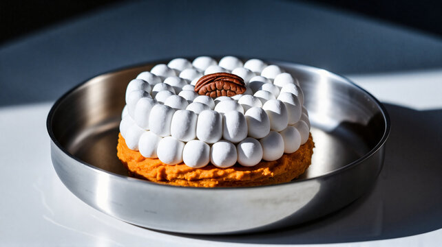 Delicious cake with white cream and nut served on a silver plate  