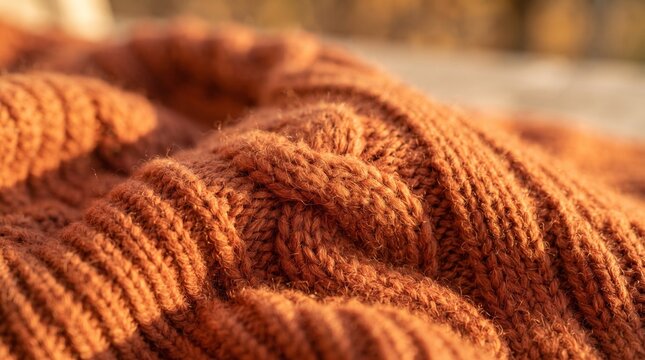 Cozy orange knitted sweater featuring intricate cable stitch patterns illuminated by warm golden sunlight during a chilly autumn afternoon close up photography session highlighting rich woolen fabric 