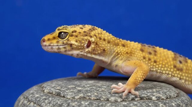 Macro close up of a yellow spotted gecko licking its eye on stone against blue screen backdrop
