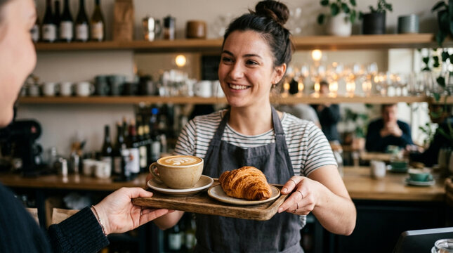Barista serving coffee and croissant to customer in cafe