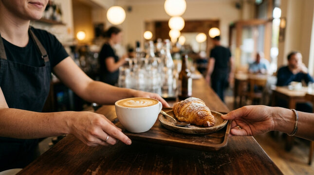 Barista serving coffee and croissant to customer in cafe
