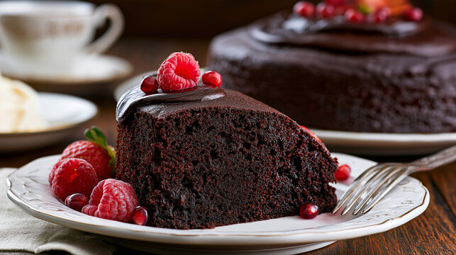 Slice of Delicious Homemade Chocolate Beetroot Cake Decorated with Fresh Berries
