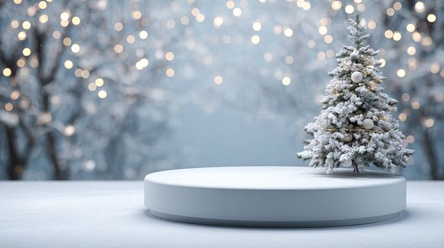 Snow-covered evergreen tree decorated with ornaments sits upon a white pedestal, set amidst a magical winter forest scene with soft bokeh lights