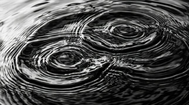 Close up black and white shot of water surface with ripples spreading out from multiple points creating abstract patterns