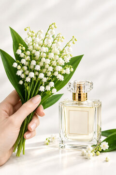 Hand holding lily of the valley bouquet near perfume bottle  