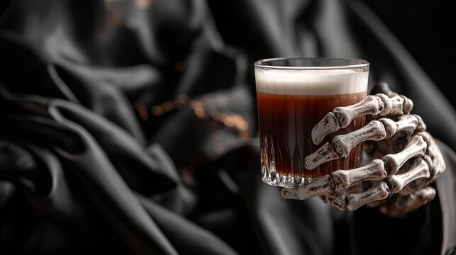 Dark stout beer in a glass held by a skeletal hand, surrounded by black fabric, representing a Halloween concept for spooky drinks or dark themes