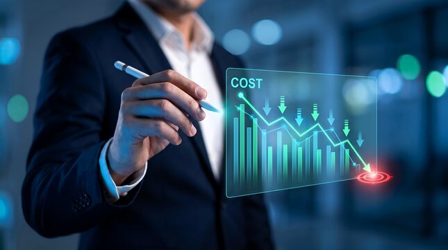 Businessman in sharp dark suit holding futuristic glowing stylus pen interacting with virtual cost reduction graph screen