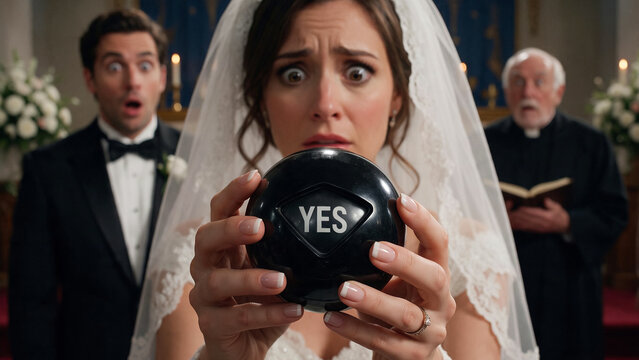 Close-up of an indecisive bride using a fortune-telling toy to make a wedding decision at the altar with a surprised groom and priest in the background. Humorous marriage concept