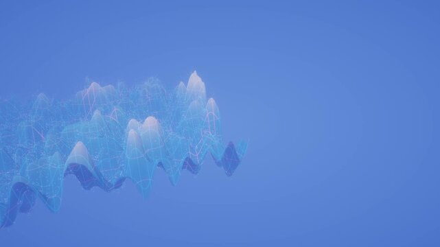 Dynamic 3D terrain wireframe with sharp illuminated mountain peaks drifts diagonally across a clear blue digital space in a procedural motion background
